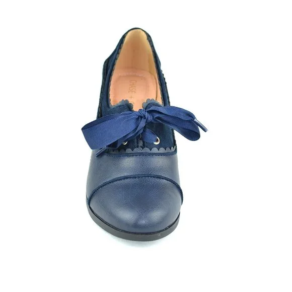 Chase & Chloe Women's Classic Lace Up Kitten Mid-Heel Round Toe Oxfords - Picture 4 of 4